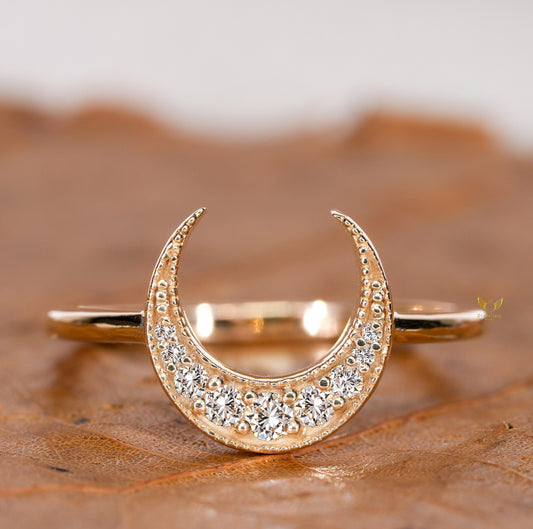 Lab Diamond Crescent Moon Ring | 14K Gold Dainty Stacking Ring