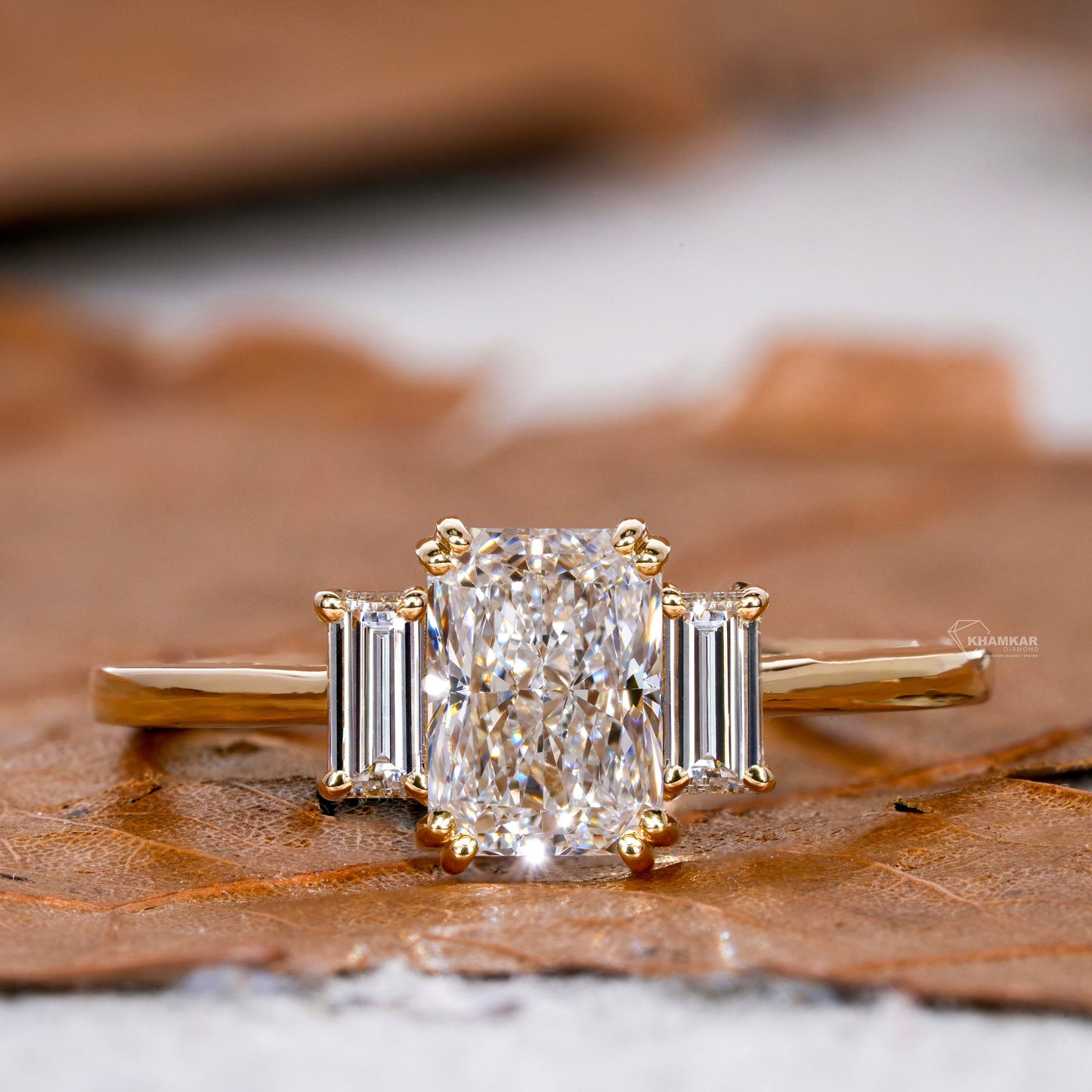 Radiant Lab Diamond Three Stone Ring – 1 CT Baguette Engagement Ring