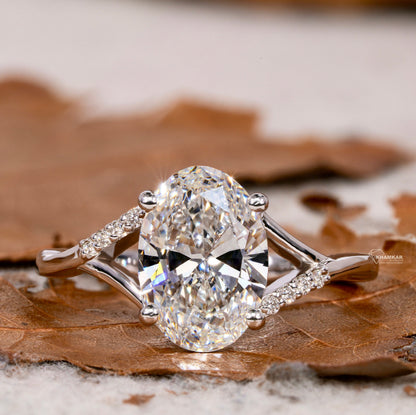 Oval Lab Diamond Ring, Split Shank Pave Engagement Ring