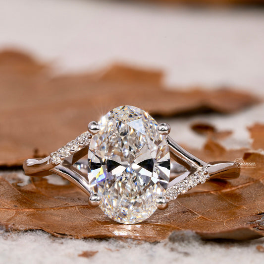 Oval Lab Diamond Ring, Split Shank Pave Engagement Ring
