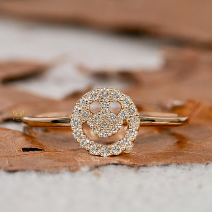 Smiley Face Diamond Ring 14K Gold Minimalist Daily Wear Ring