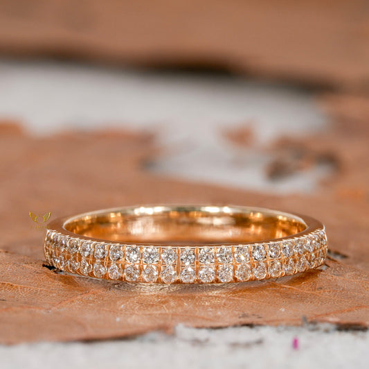 Lab Diamond Pave Wedding Band 14K Gold, Two Row Dome Ring