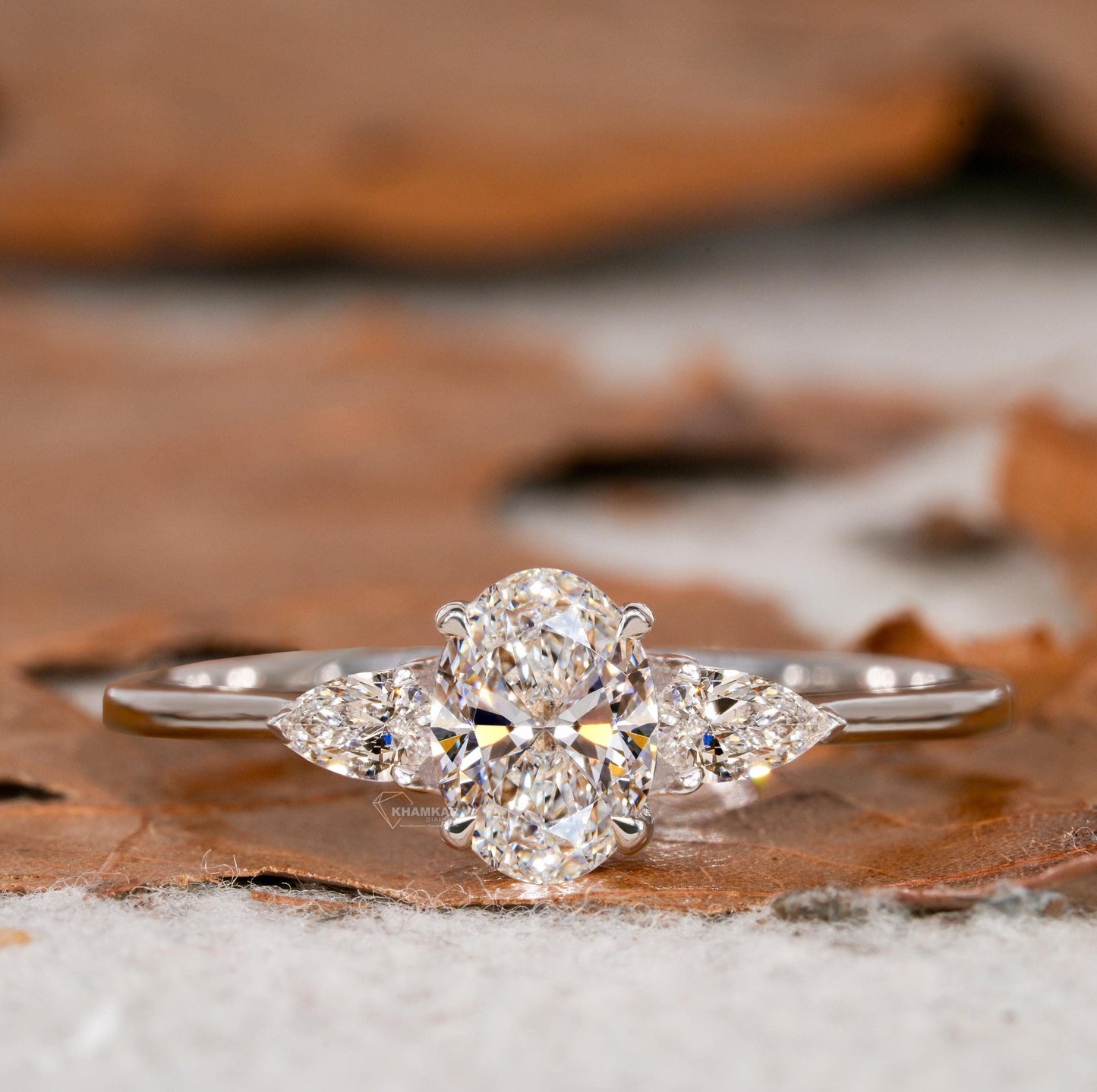 0.70 TCW Oval Lab Created Diamond Engagement Ring,Side Pear Diamonds,Three Stone Wedding Ring,Diamond Promise Ring,Gift For Her