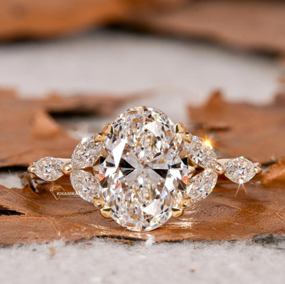 2.00CT Oval Lab Diamond Ring, Marquise Side Ring, IGI Certified Engagement Ring