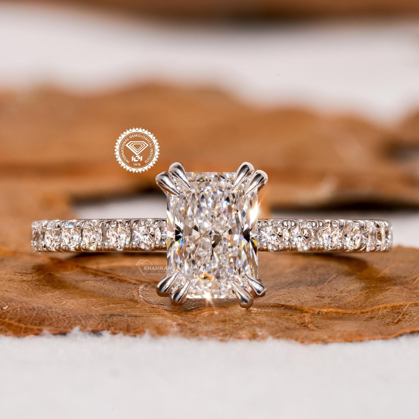 Radiant Lab Diamond Ring, Double Claw Pave Wedding Ring