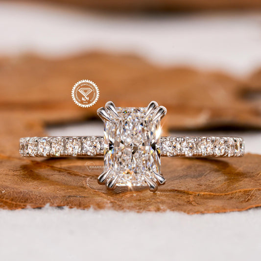 Radiant Lab Diamond Ring, Double Claw Pave Wedding Ring