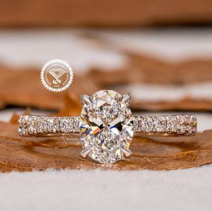 Oval Lab Diamond Engagement Ring, Tapered Pave Wedding Ring