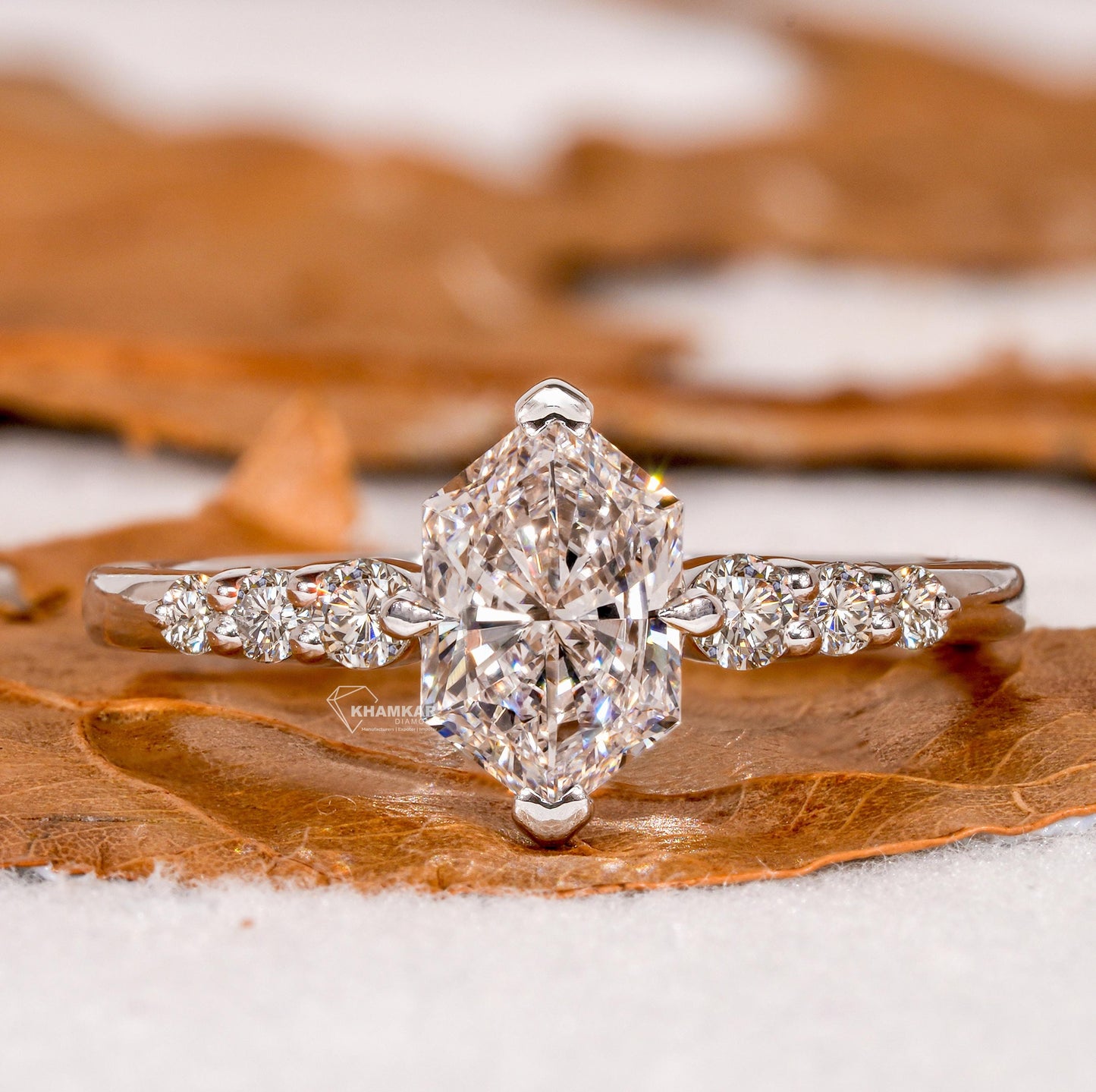 1CT Lab Marquise Diamond Ring, V-Prong Pave Engagement Ring