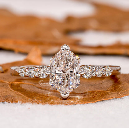 1CT Lab Marquise Diamond Ring, V-Prong Pave Engagement Ring
