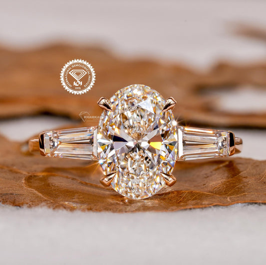 2.70 TCW Oval Three Stone Lab Diamond Ring with Tapered Baguettes