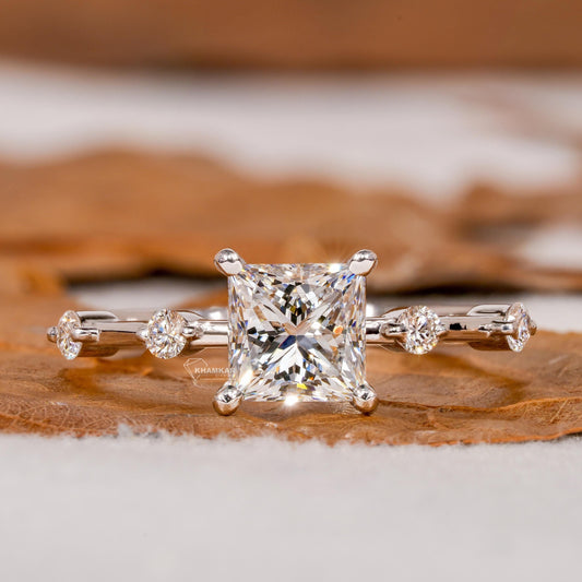 Princess Cut Lab Grown Diamond Engagement Ring,Distance Pave ring