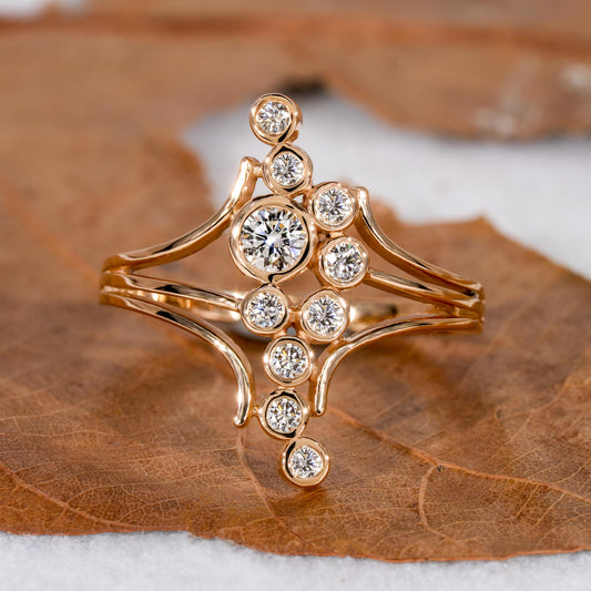 Round Diamond Bezel Set Designer Bubble Ring In 18k Gol