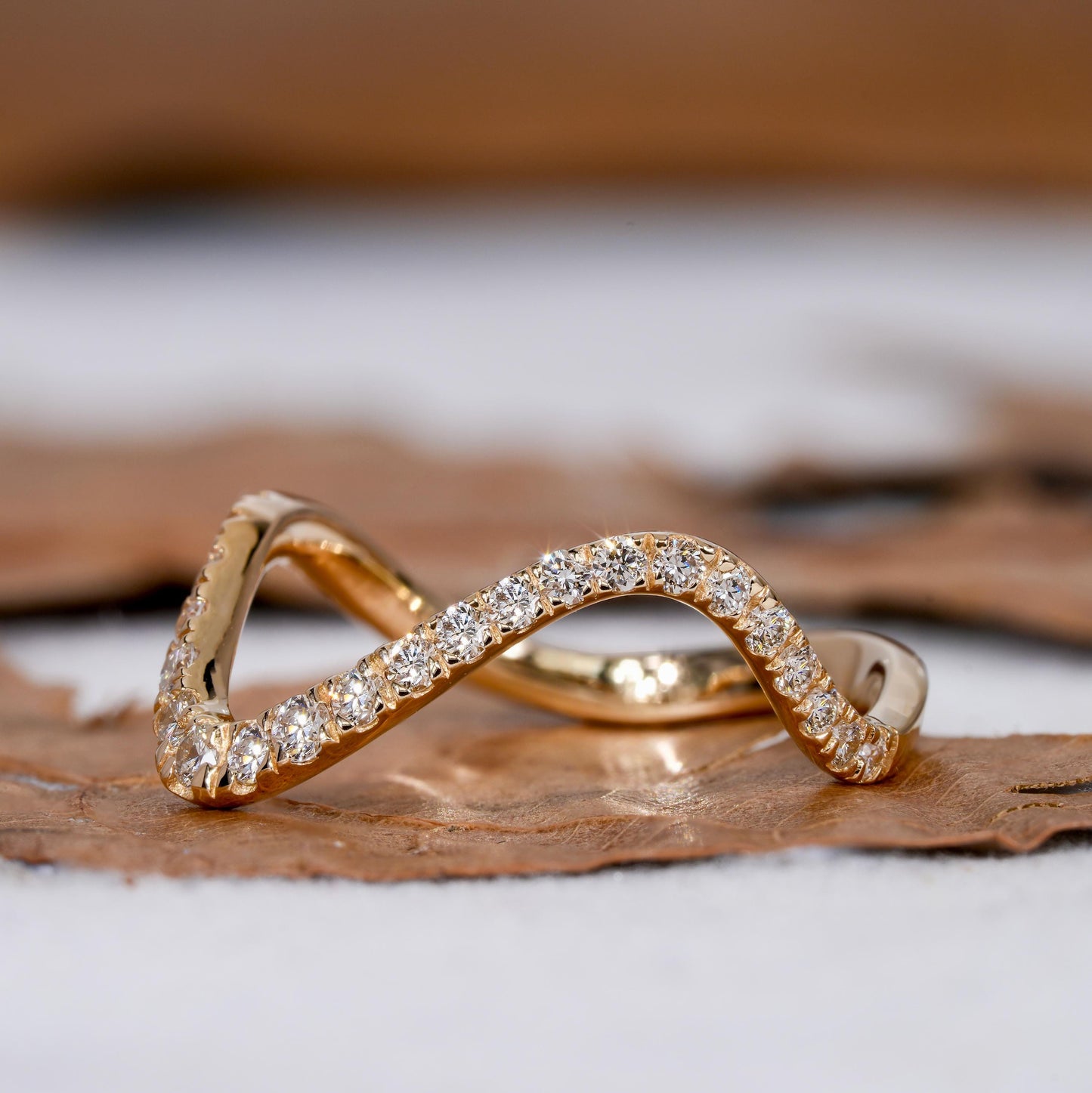 14K Yellow Gold Minimalist Wave Diamond Ring – Stackable Anniversary Ring