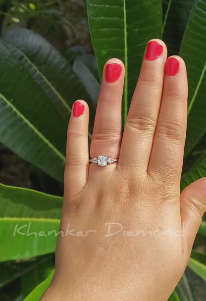 Cushion Lab Diamond Three Stone Ring Antique Style Engagement Ring