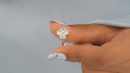 Oval Lab Diamond Three Stone Engagement Ring – Half Moon Side Stones in White Gold