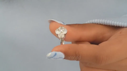 Oval Lab Diamond Three Stone Engagement Ring – Half Moon Side Stones in White Gold