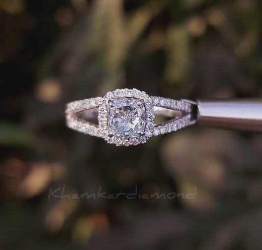 1CT Cushion Cut Lab Diamond Halo Engagement Ring – Split Shank Ring for Her