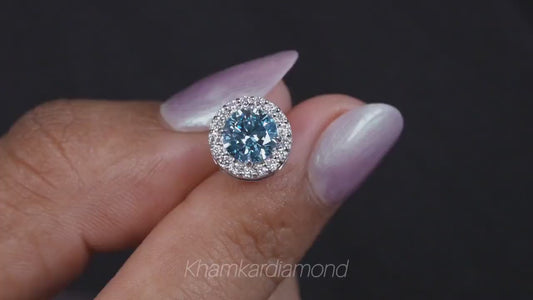Round Lab Grown Diamond Cluster Earrings,0.50Ct To 1.00Ct Blue Colored Round Diamond Halo Stud Earrings,14K White Gold Wedding Studs For Her