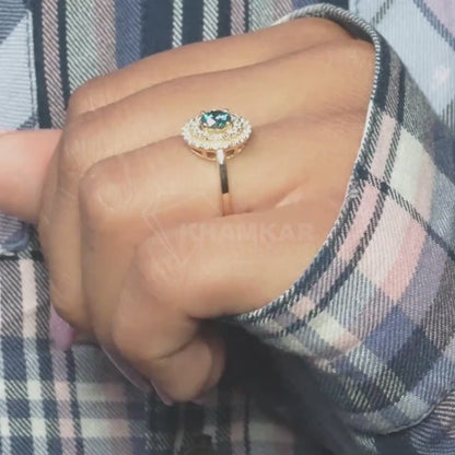 Blue Round Lab Grown Diamond Ring | Double Halo Engagement Ring