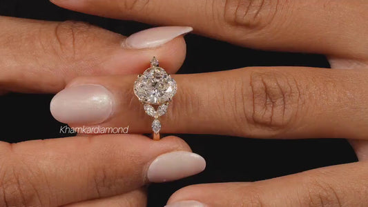 2.00CT Oval Lab Diamond Ring, Marquise Side Ring, IGI Certified Engagement Ring