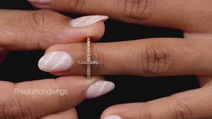 Round Lab Diamond Sideways Cross Ring for Women