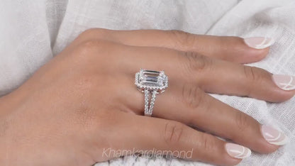 3.00CT Emerald Cut Lab Diamond Split Shank Halo Ring