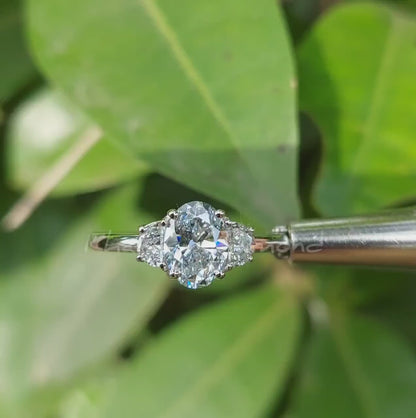 Oval Lab Diamond Three Stone Ring, Half Moon Engagement Ring