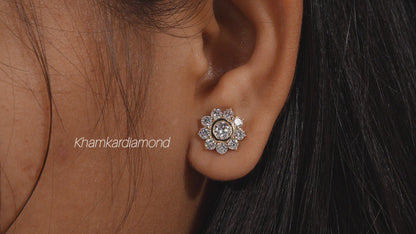 Round Lab Grown Diamond Bezel Halo Flower Stud Earrings