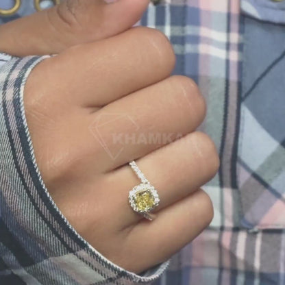 1.00 CT Yellow Colored Cushion Cut Lab Grown Diamond Engagement Ring,Eco-Friendly Diamond Ring,East to West Setting, CVD/HPHT