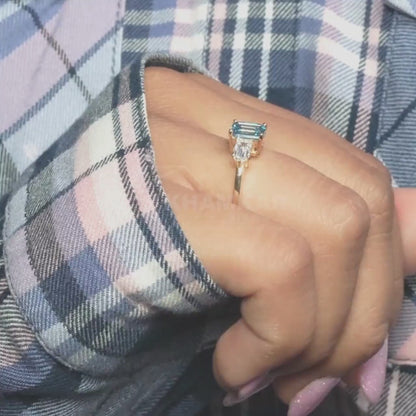 Blue Emerald Cut Lab Diamond Three Stone Engagement Ring