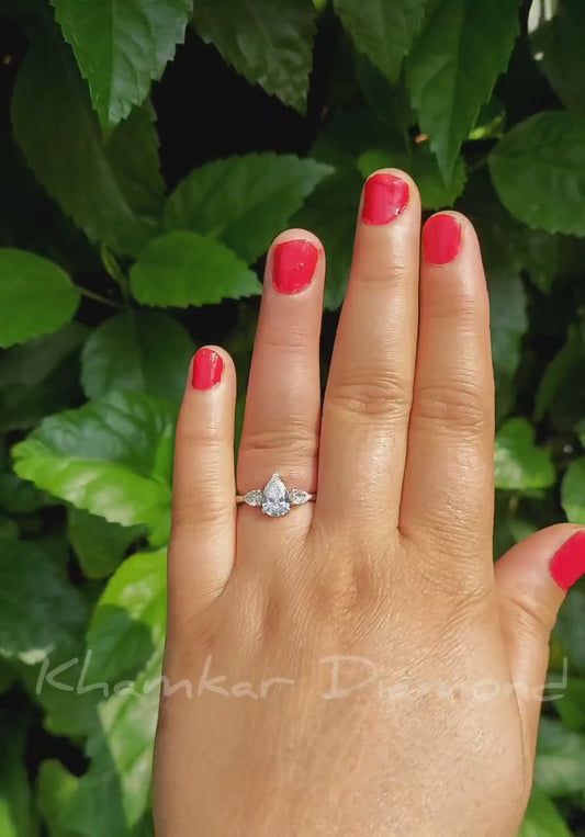 Lab Grown Pear Diamond Three Stone Engagement Ring Promise Ring for Her