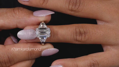 Emerald Cut Lab Diamond Three Stone Ring with Trapezoid Sides