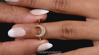 Lab Diamond Crescent Moon Ring | 14K Gold Dainty Stacking Ring