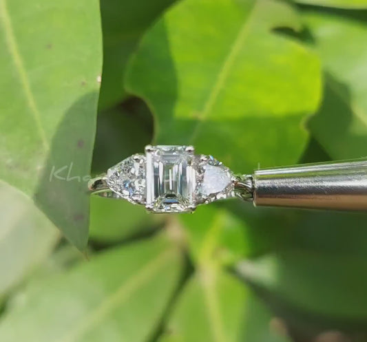 1CT Emerald Cut Lab Grown Diamond Three Stone Engagement Ring