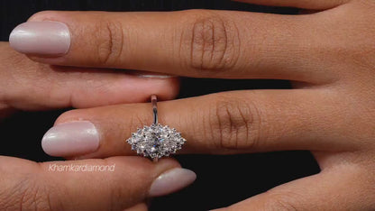 Marquise Lab Diamond Ring Cluster Halo Cathedral Setting