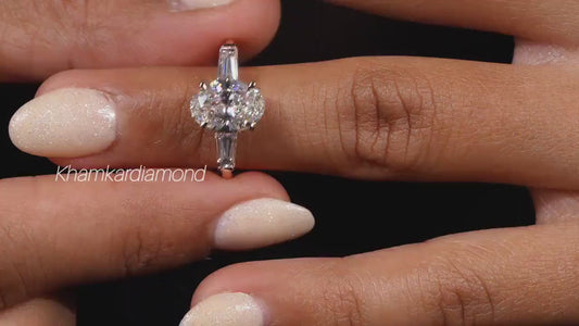 2.70 TCW Oval Three Stone Lab Diamond Ring with Tapered Baguettes