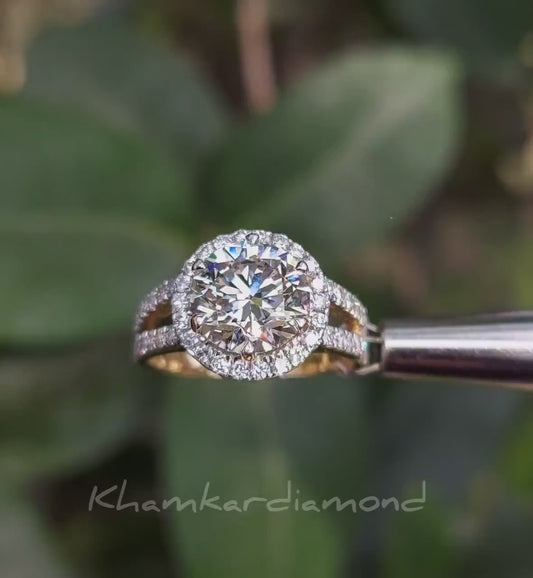 2 CT Round Lab  Diamond Halo Ring – Yellow Gold Engagement Ring