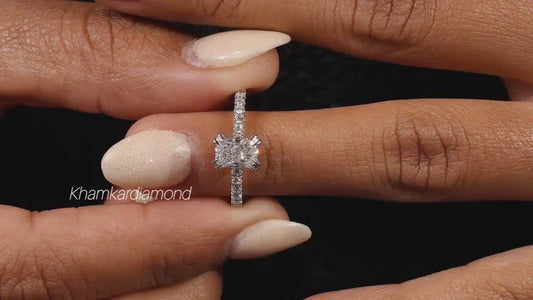 Radiant Lab Diamond Ring, Double Claw Pave Wedding Ring
