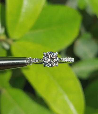 Round Lab Diamond Engagement Ring, Pave Wedding Bridal Ring