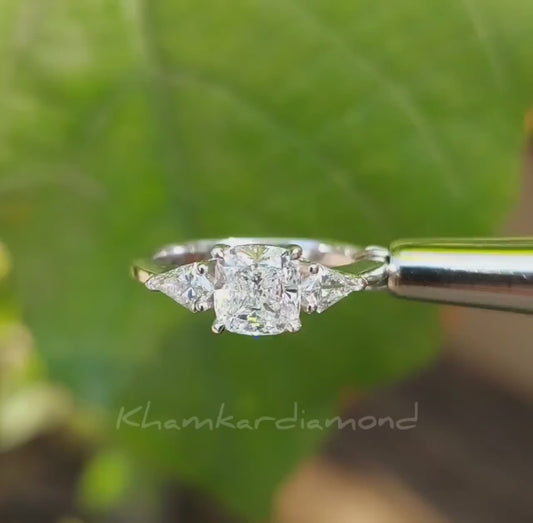 1 CT Cushion Cut Lab Grown Diamond Three Stone Engagement Ring