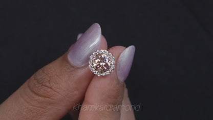 Pink Round Cut Lab Grown Diamond Stud Earrings,14K Rose Gold Hand Made Diamond Women's Earrings,2.00Ct Round Cut Diamond Halo Studs For Her