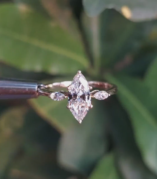 Marquise Cut Lab Grown Diamond Three Stone Engagement Ring in 14K Gold