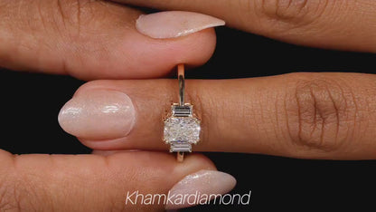 Radiant Lab Diamond Three Stone Ring – 1 CT Baguette Engagement Ring