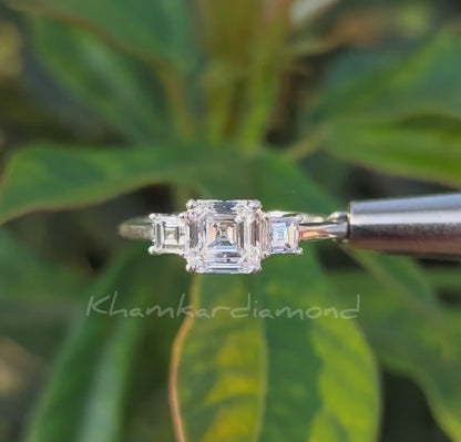 1CT Asscher Cut Lab Grown Diamond Three Stone Engagement Ring
