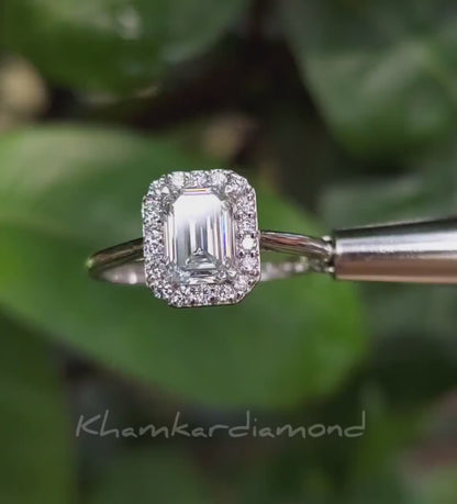 1 CT Emerald Cut Lab Grown Diamond Halo Engagement Ring in 14K Solid Gold