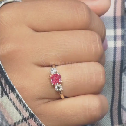 1 CT Pink Cushion Cut Lab Diamond Three Stone Engagement Ring