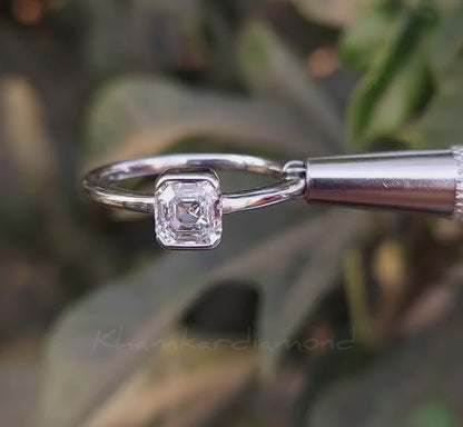 Asscher Lab Diamond Solitaire Ring, Bezel Set Engagement Ring