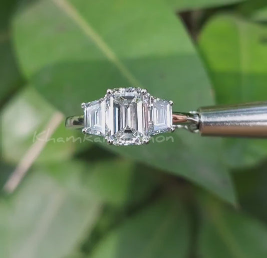 Emerald Cut Three Stone Lab Grown Diamond Engagement Ring | 1CT Anniversary Gift Ring
