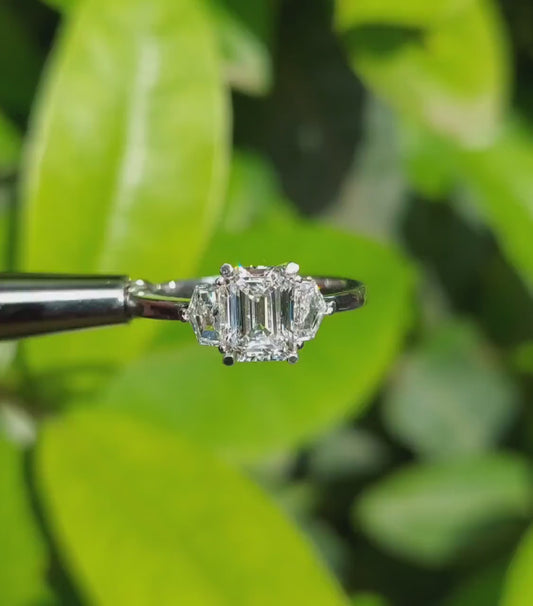 1Ct Emerald Lab Diamond Three Stone Engagement Ring